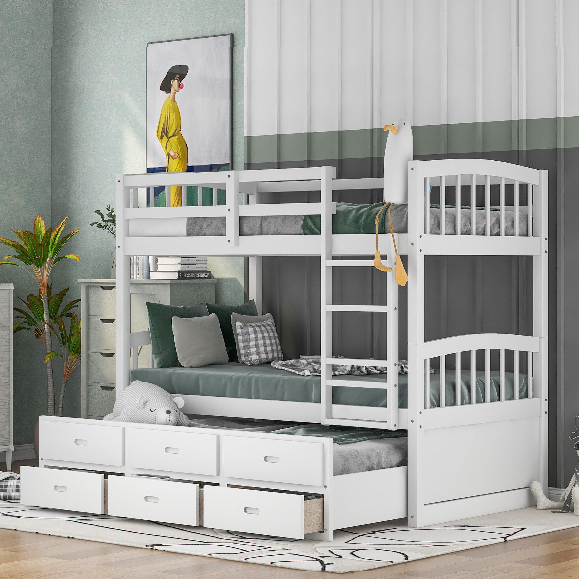 Twin over Twin Wood Bunk Bed with Trundle and Drawers White ...