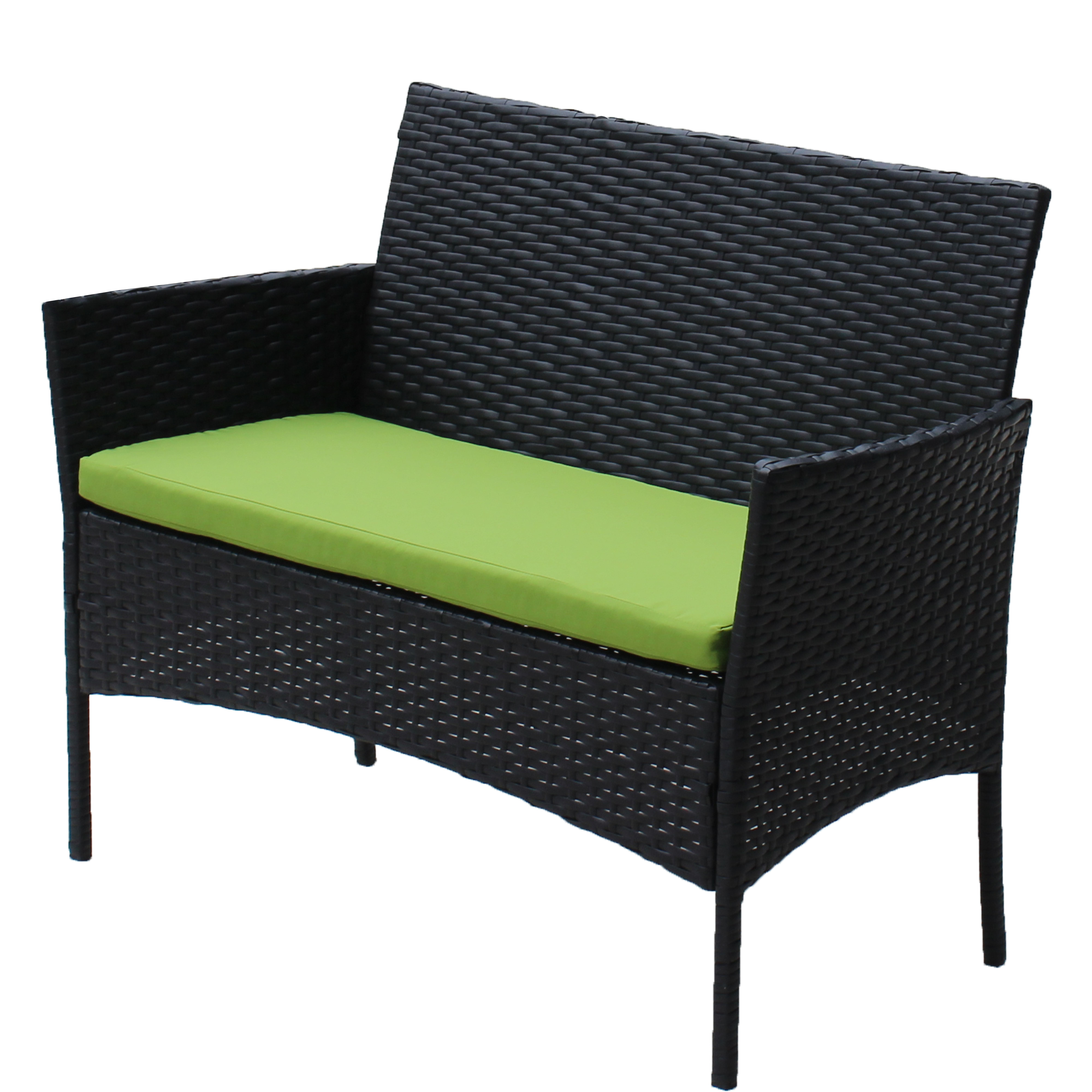 Black wicker loveseat with lime-green seat cushion, three-quarter view
