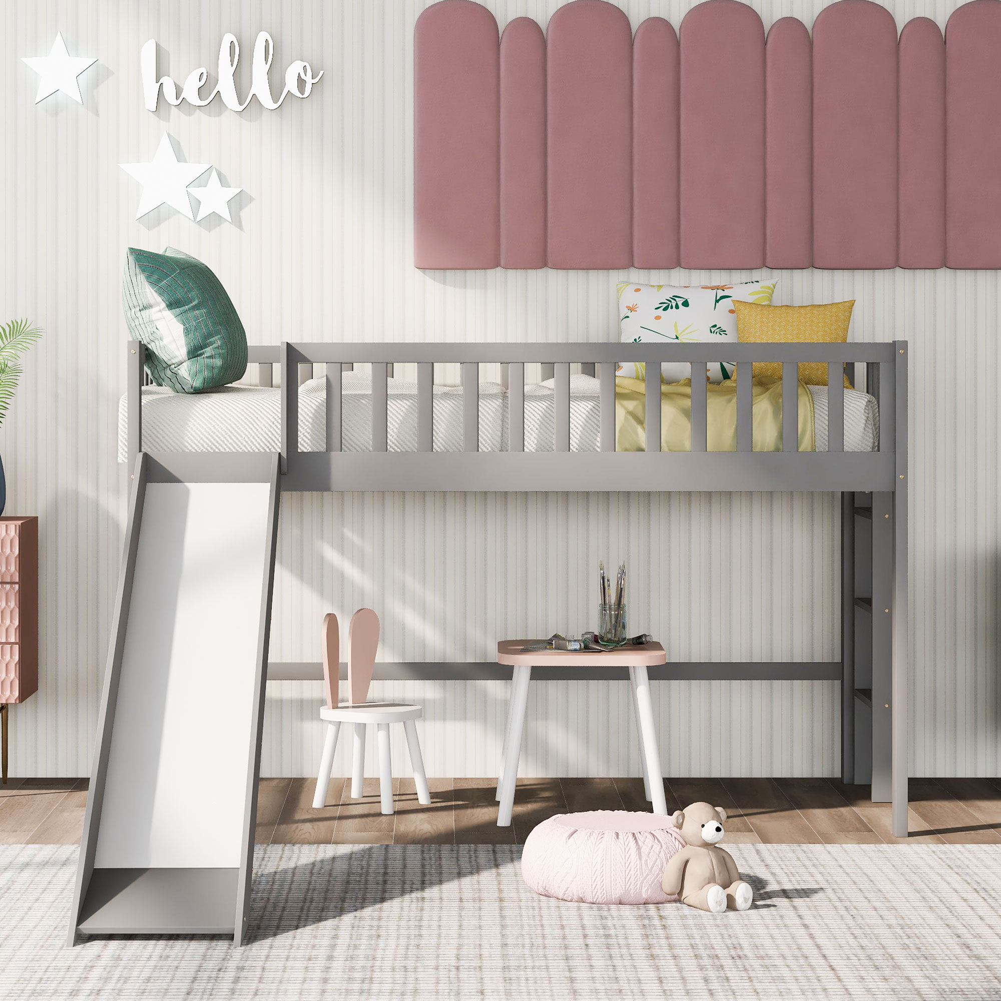 Twin Size Low Loft Bed with Ladder and Slide Gray dropshipping - EPROLO
