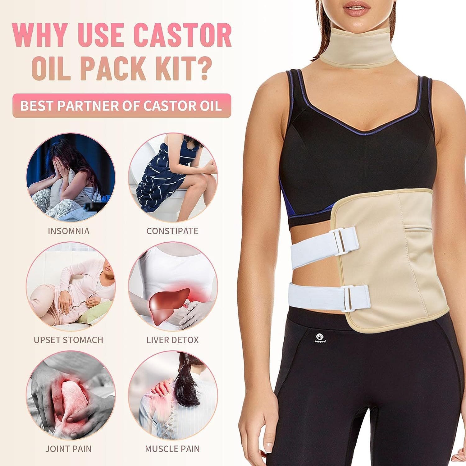 Flat lay castor oil therapy kit on cream marble: beige fabric wrap, shoulder strap, and pad with white trim