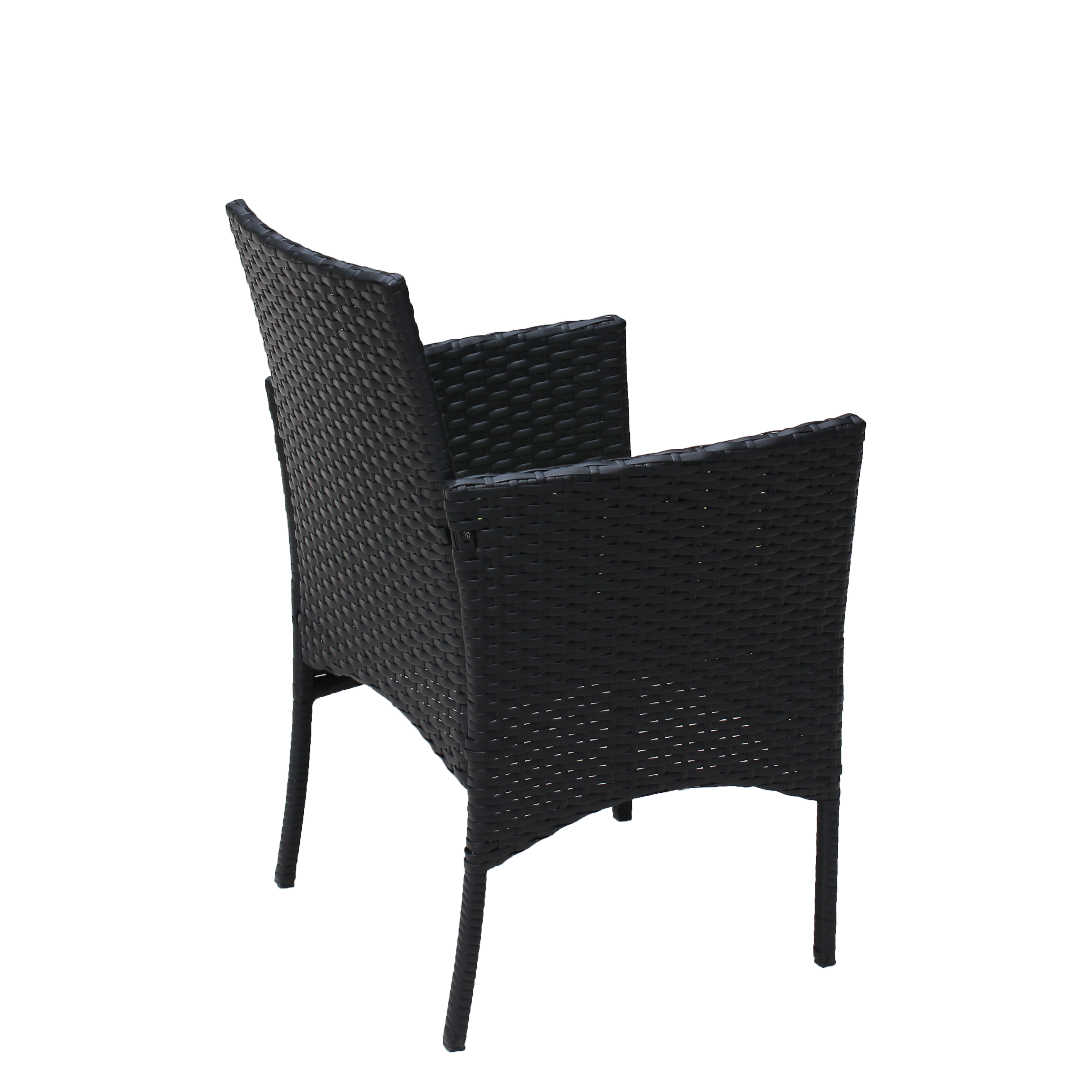 Rear view of black woven wicker armchair on metal legs