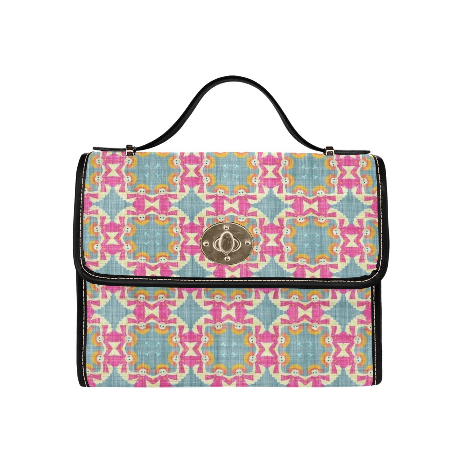 Black shoulder strap lock bag with black edging, featuring a colorful pattern design, perfect for women's work and travel.