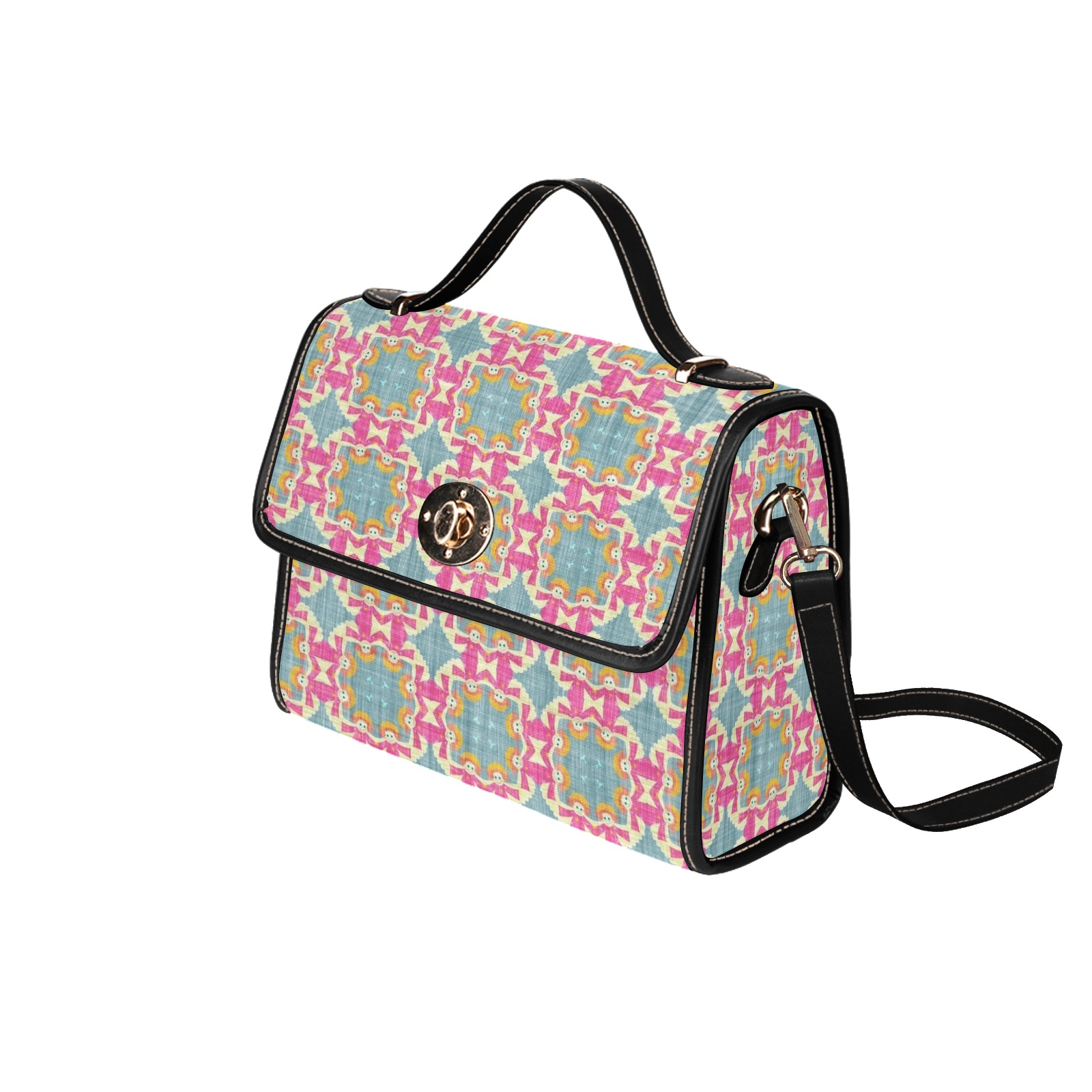 Women's lock bag with black shoulder strap and edging. Features colorful pattern, ideal for work or travel.
