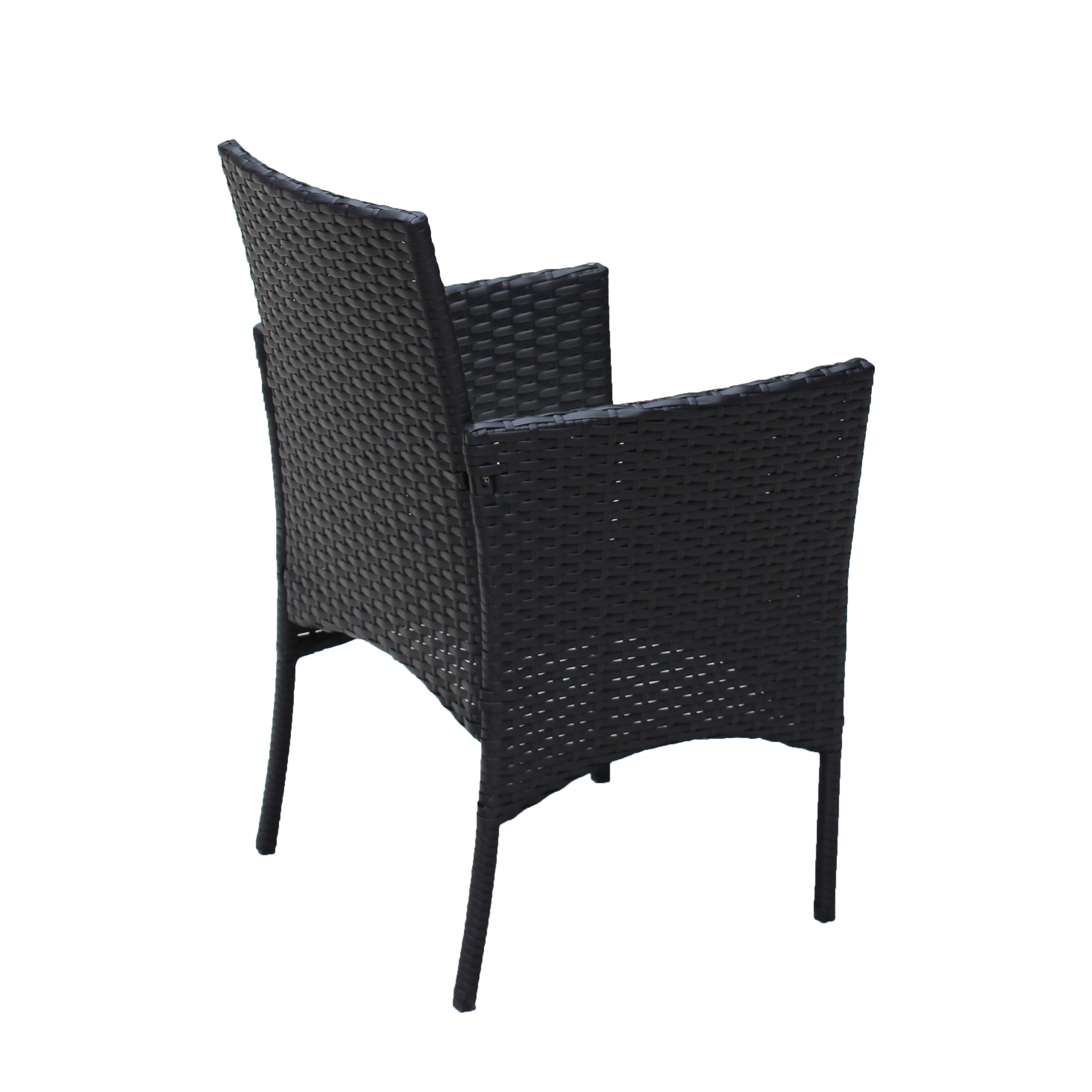 Rear view of black wicker armchair on metal legs