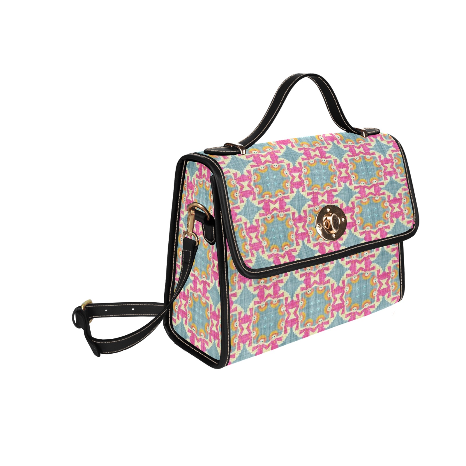 Women's lock bag with black shoulder strap and edging, colorful pattern design, ideal for work and travel.
