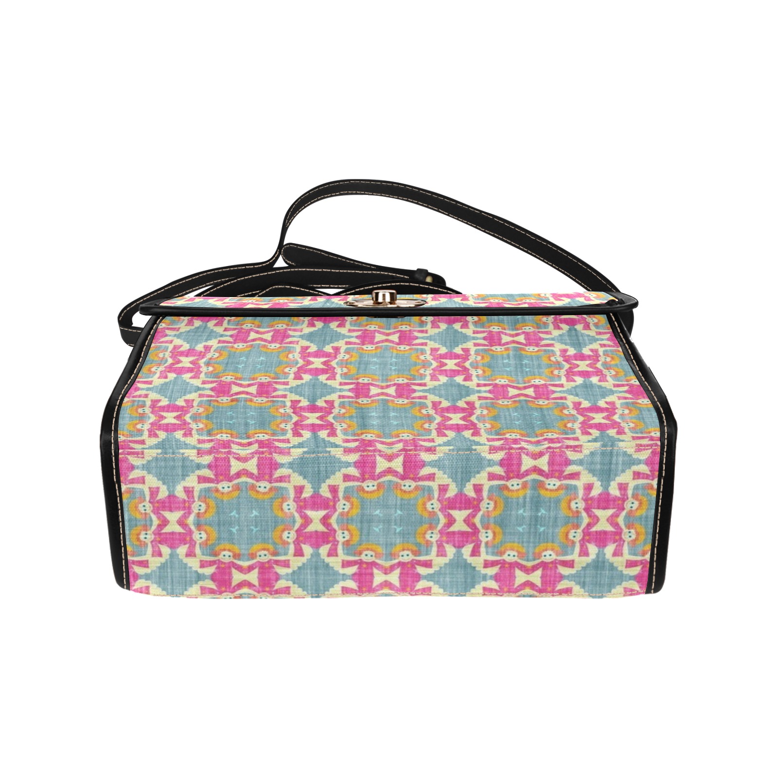 Women's lock bag with black shoulder strap and edging, featuring a colorful geometric pattern, ideal for work or travel.