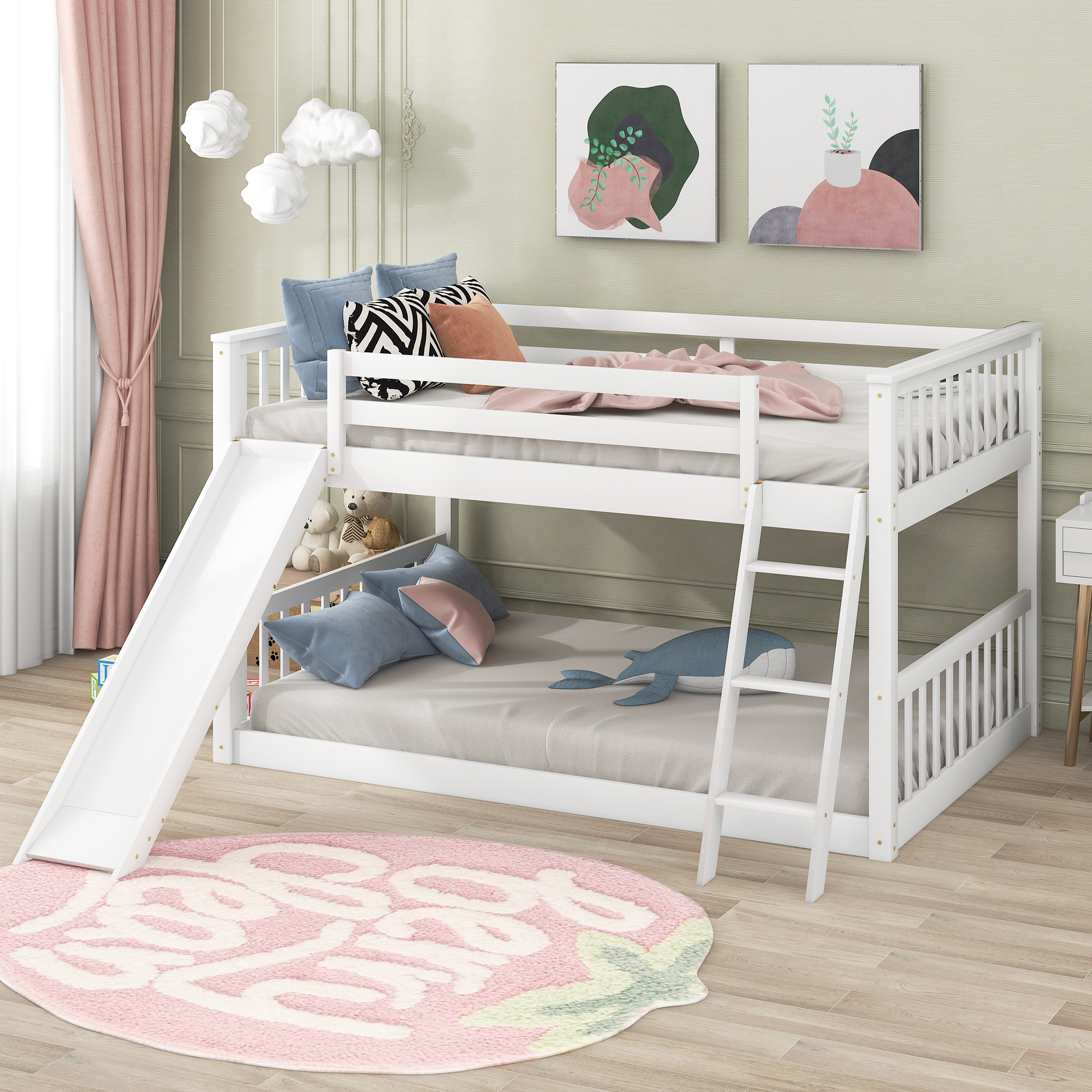 Full over Full Bunk Bed with Convertible Slide and Ladder White ...