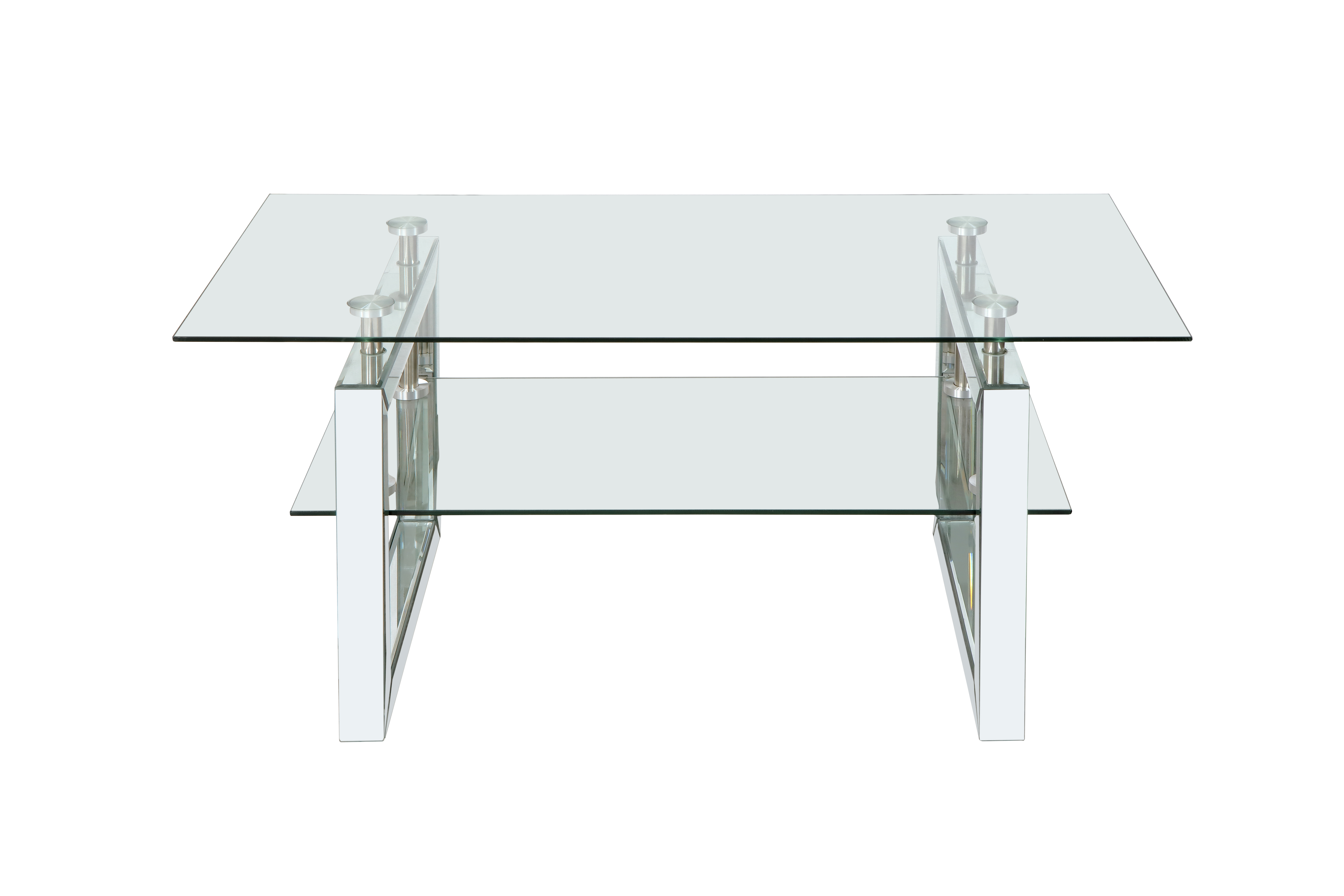 Two-tier glass coffee table showing top and lower shelf