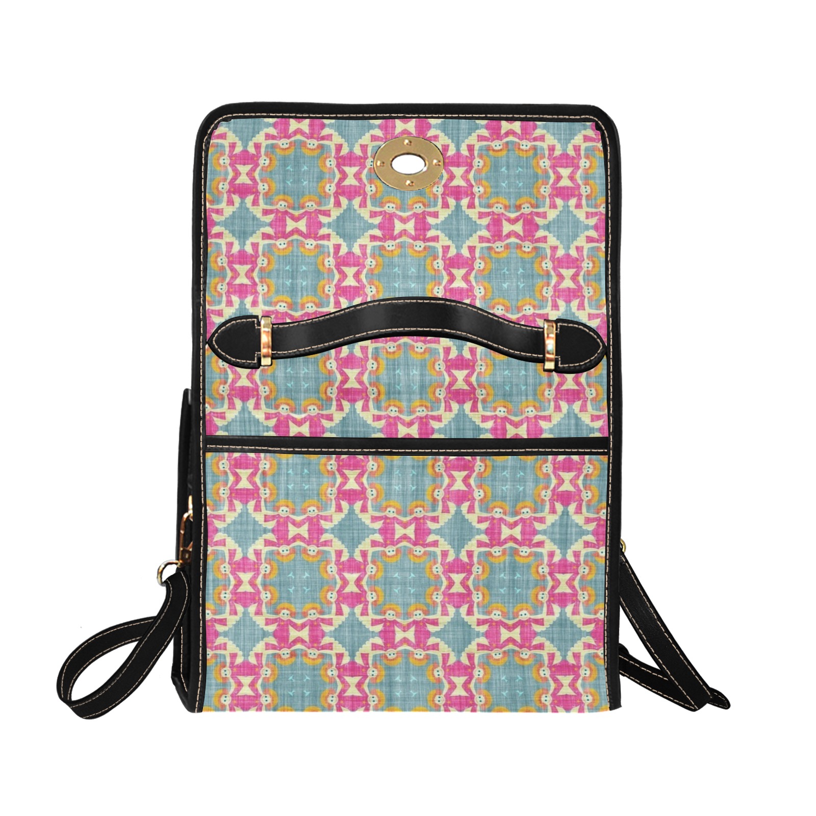 Women's lock bag with black shoulder strap, featuring a colorful geometric pattern design, ideal for work or travel.
