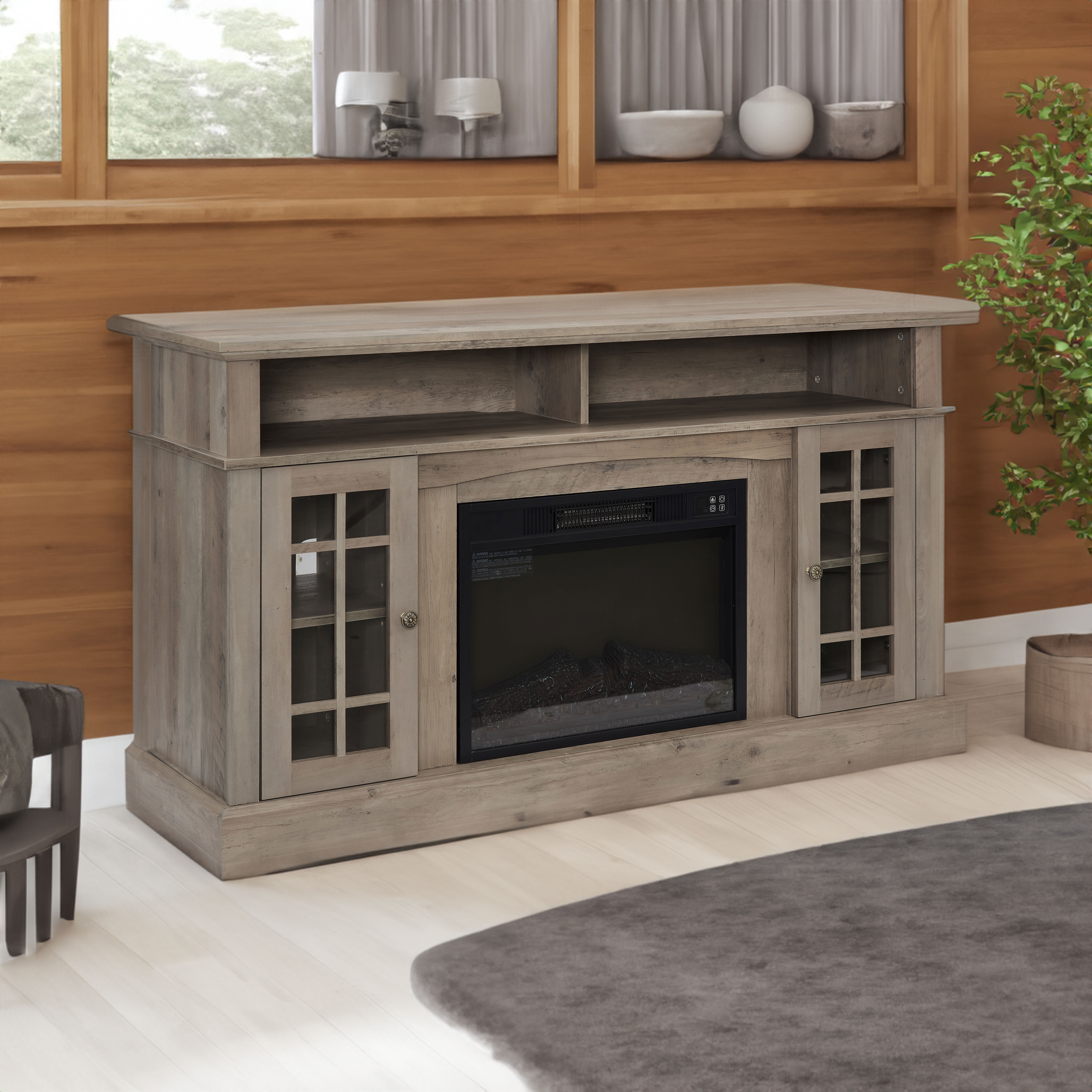 Grey-oak console with built-in fireplace and glass doors