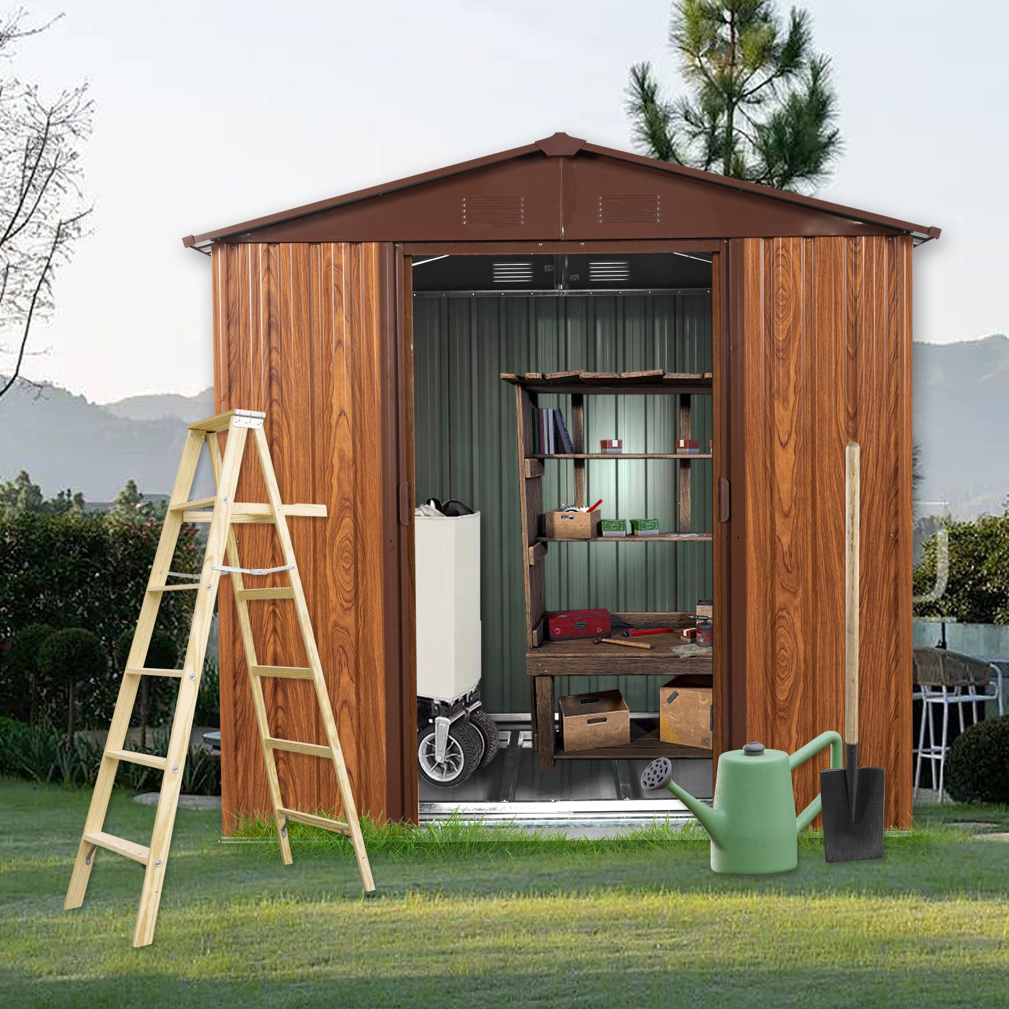 Open shed doorway with garden tools stored neatly inside