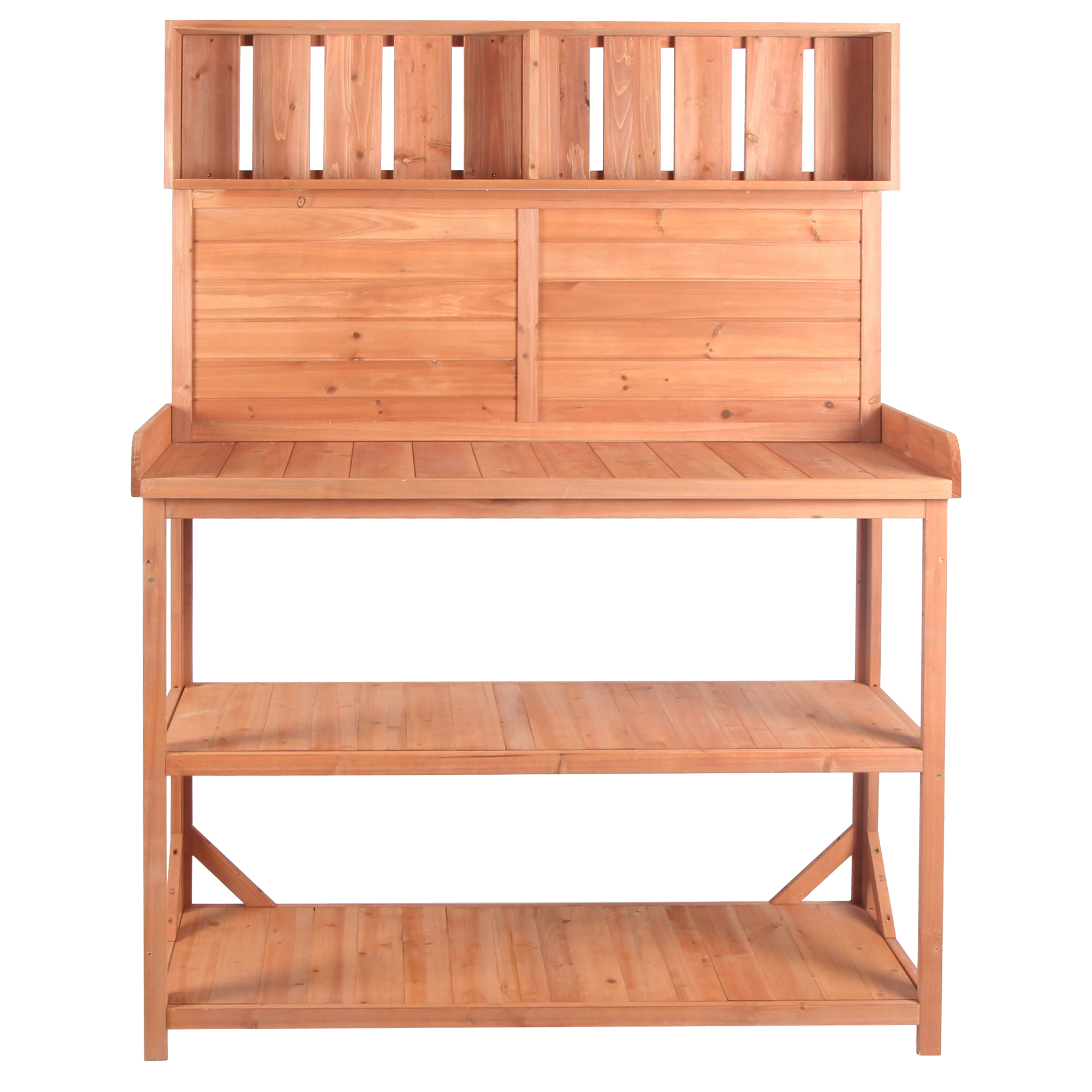 Wooden potting bench with plants and tools set out on its work surface