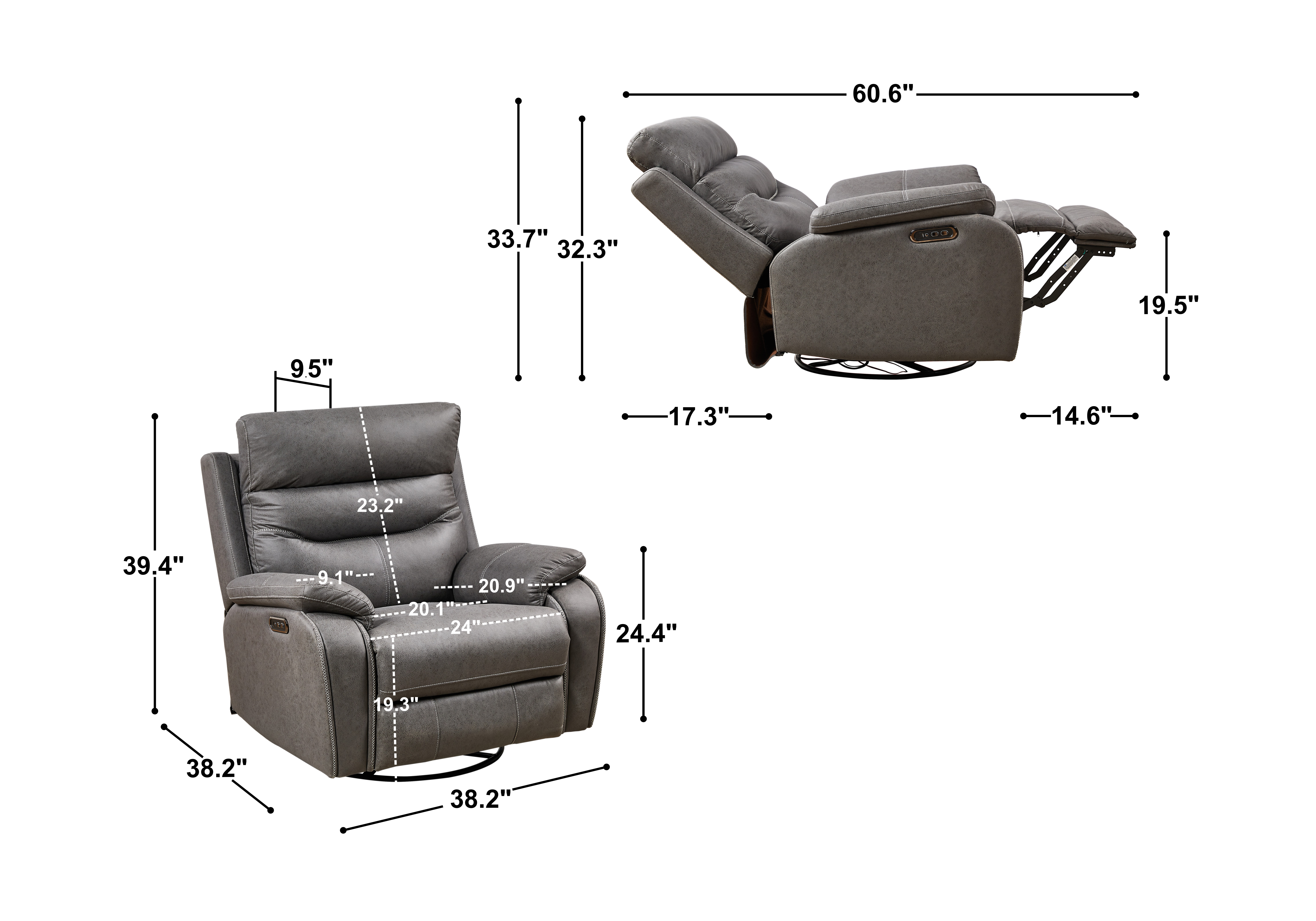 Spec diagram of recliner upright and reclined with dimensions