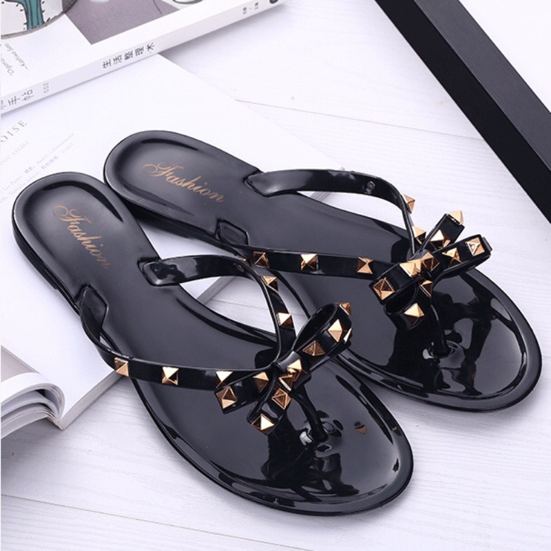 style rivet shoes, bow shaped flip flops, summer beach outings, flat bottomed transparent jelly crystal slippers for women image 6