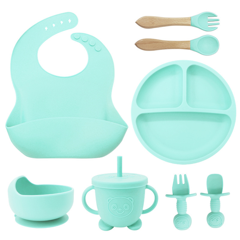 8PCS Mother and baby silicone bibs, silicone dinner plates, eight-piece set, baby food training