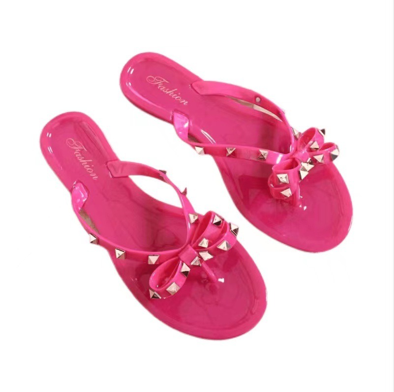 style rivet shoes, bow shaped flip flops, summer beach outings, flat bottomed transparent jelly crystal slippers for women image 8