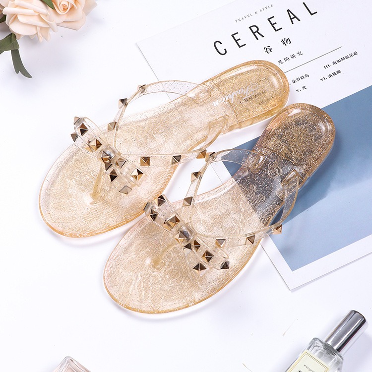 style rivet shoes, bow shaped flip flops, summer beach outings, flat bottomed transparent jelly crystal slippers for women image 5