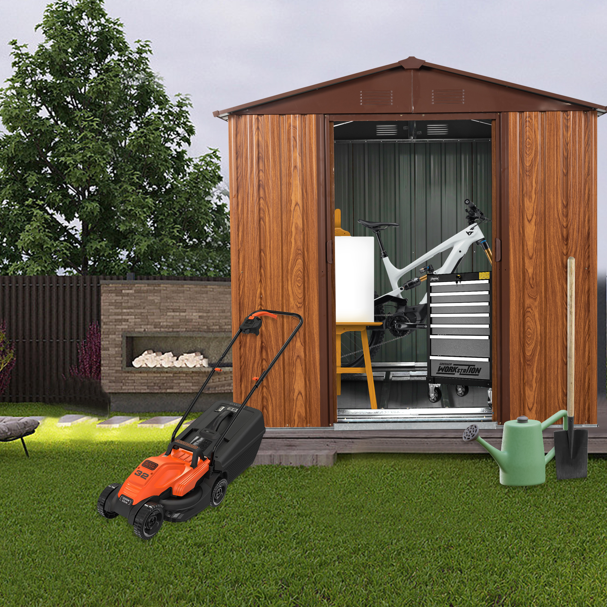 Bicycle and lawn mower crowding a garden corner before storage