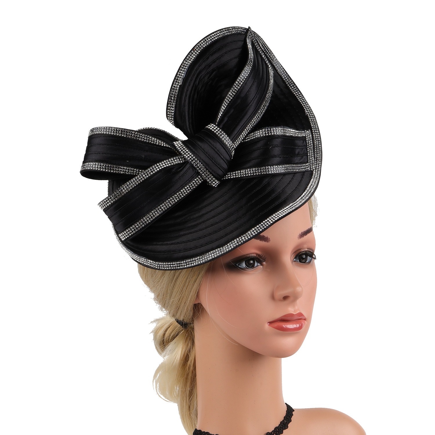 Black fascinator showing shimmering pleated metallic edging