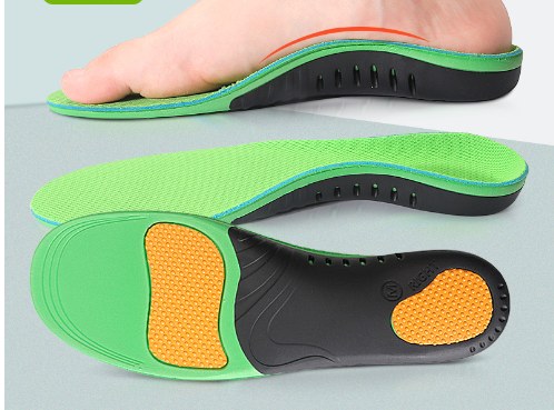 Side-view of foot resting on insole with arch support pod visible, demonstrating anatomical fit