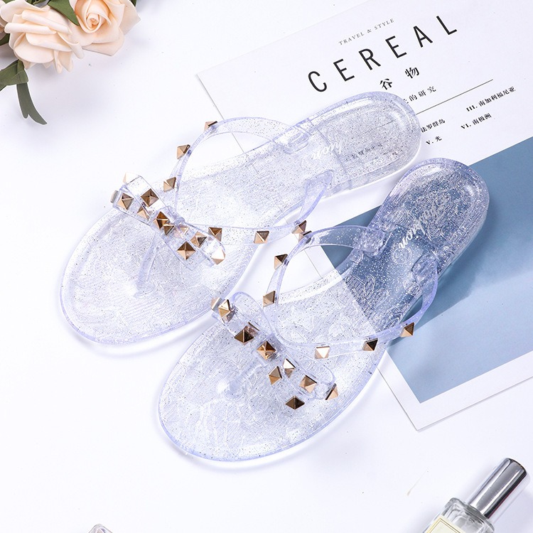 style rivet shoes, bow shaped flip flops, summer beach outings, flat bottomed transparent jelly crystal slippers for women image 3
