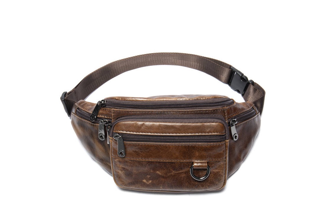 Men's sheepskin waist bag outdoor black mobile phone sheepskin bag leisure sports crossbody chest