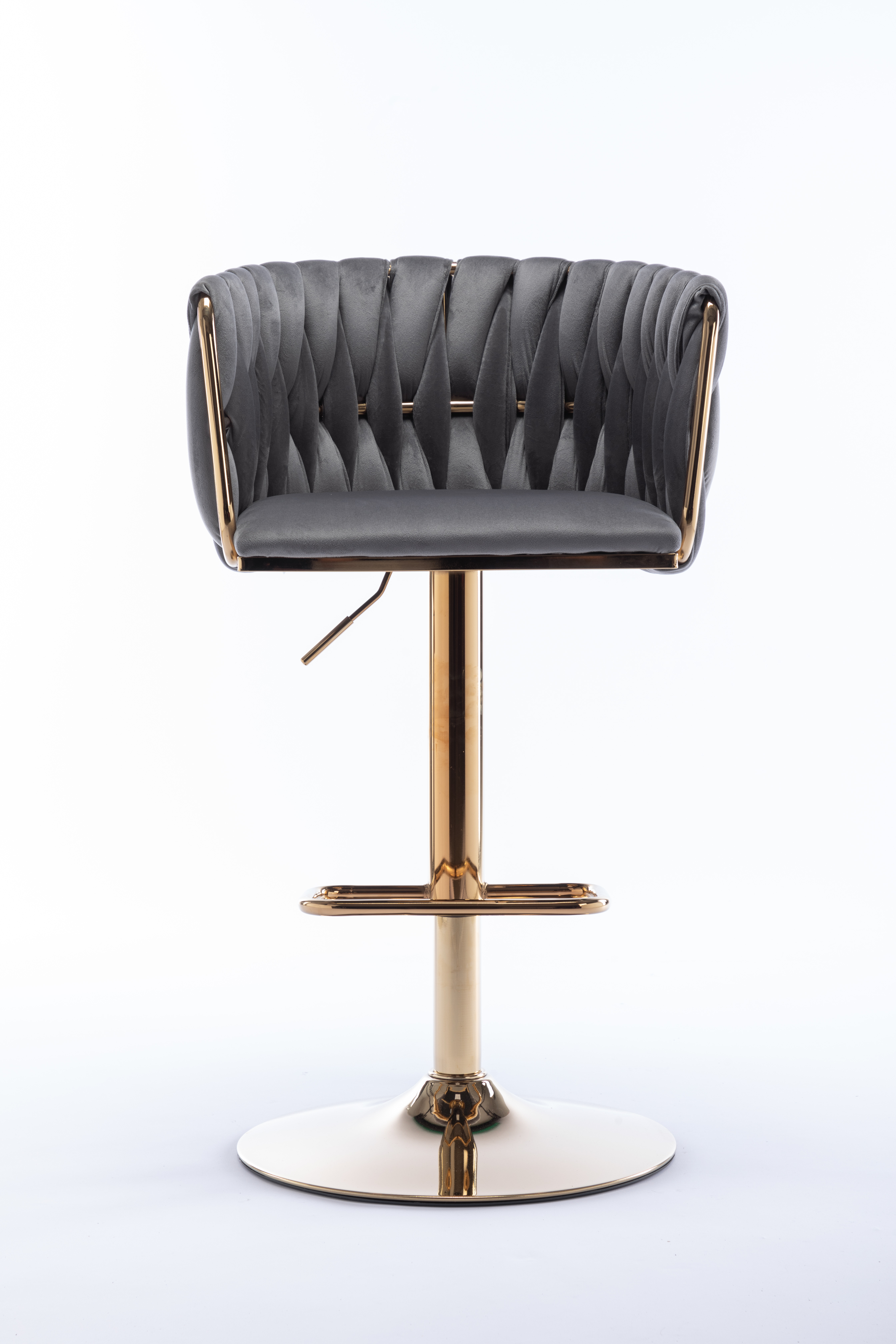 Front view of velvet bar stool with gold footrest ring