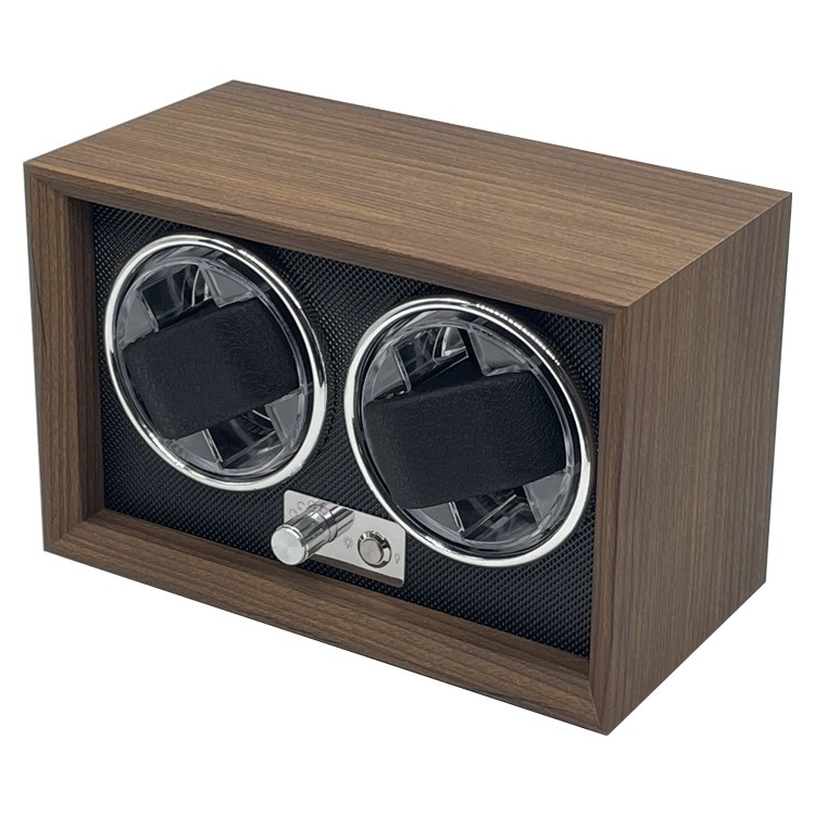 Walnut winder case with chrome rings and cradles ready for two watches
