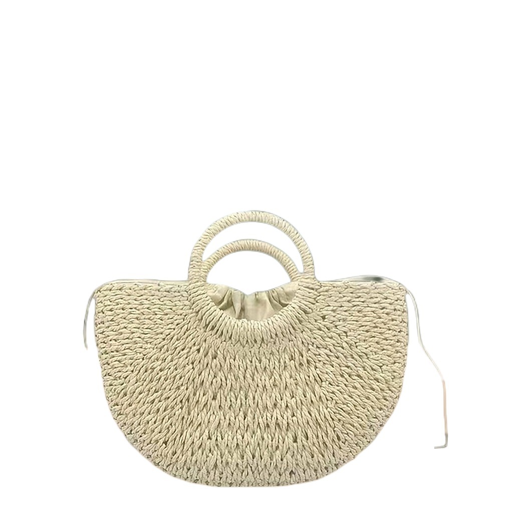 Medium straw woven semi-circular handbag, moon bag, leisure vacation double circular handle woven