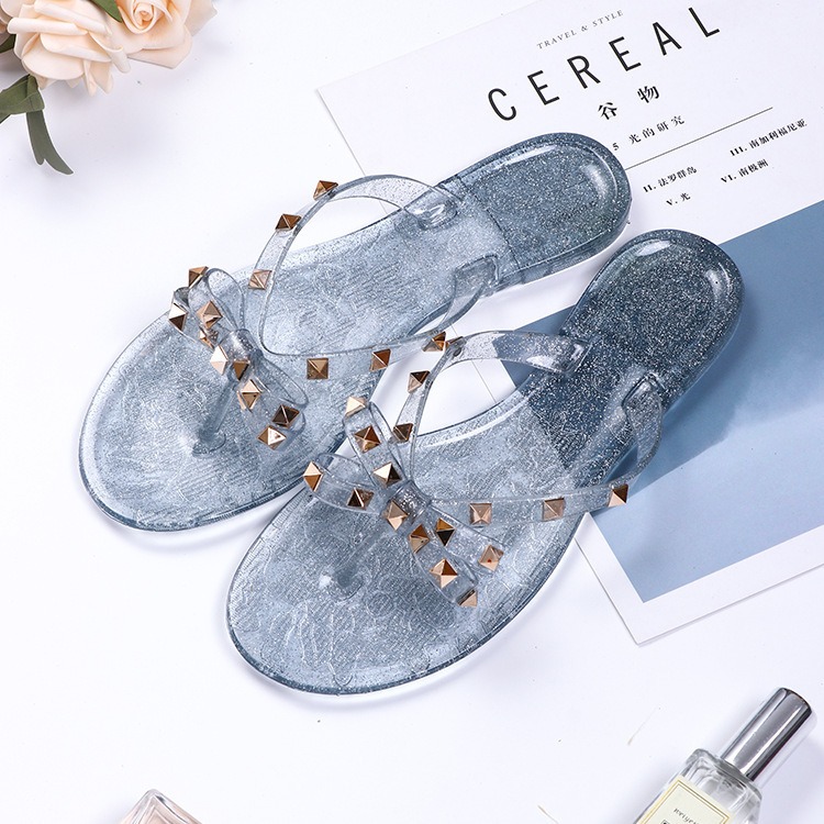 style rivet shoes, bow shaped flip flops, summer beach outings, flat bottomed transparent jelly crystal slippers for women image 4