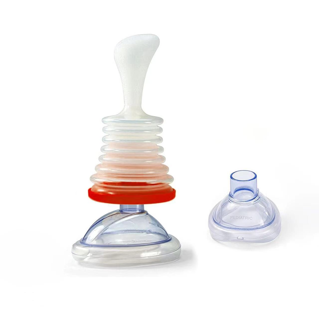 Full respiratory trainer system showing adult and pediatric masks side-by-side with color-coded sizing rings