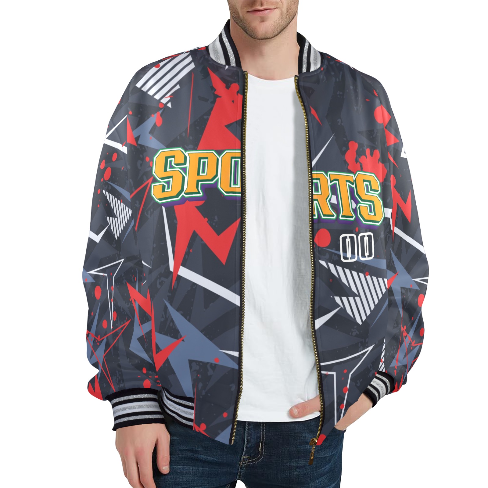 Men's Striped Trim Bomber Jacket with "SPARKS" print. Polyester and spandex fabric, featuring zipper, cuffs, and hem details.