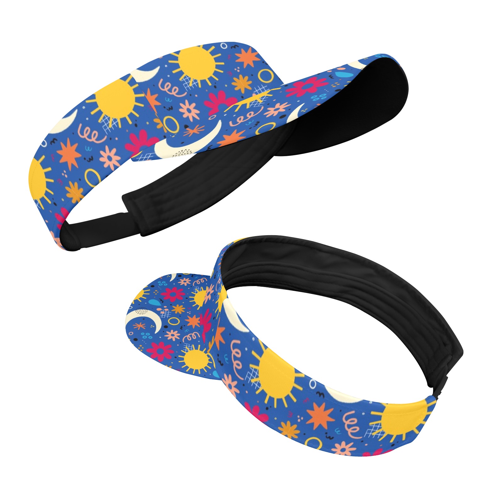Polyester sports visor with sun and moon pattern, adjustable strap, sun protection for men and women