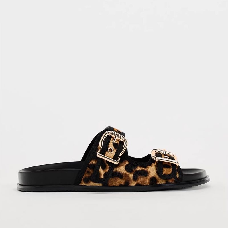 Printed round toe flat bottom buckle thick sole casual sandals and slippers for women