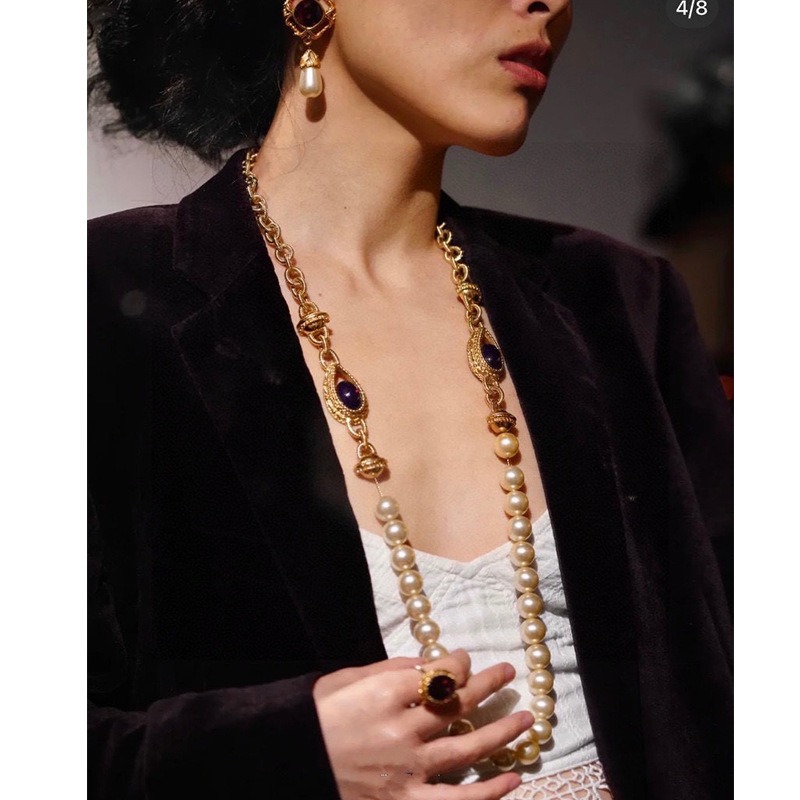 French zircon pearl earrings ring long glass pearl necklace