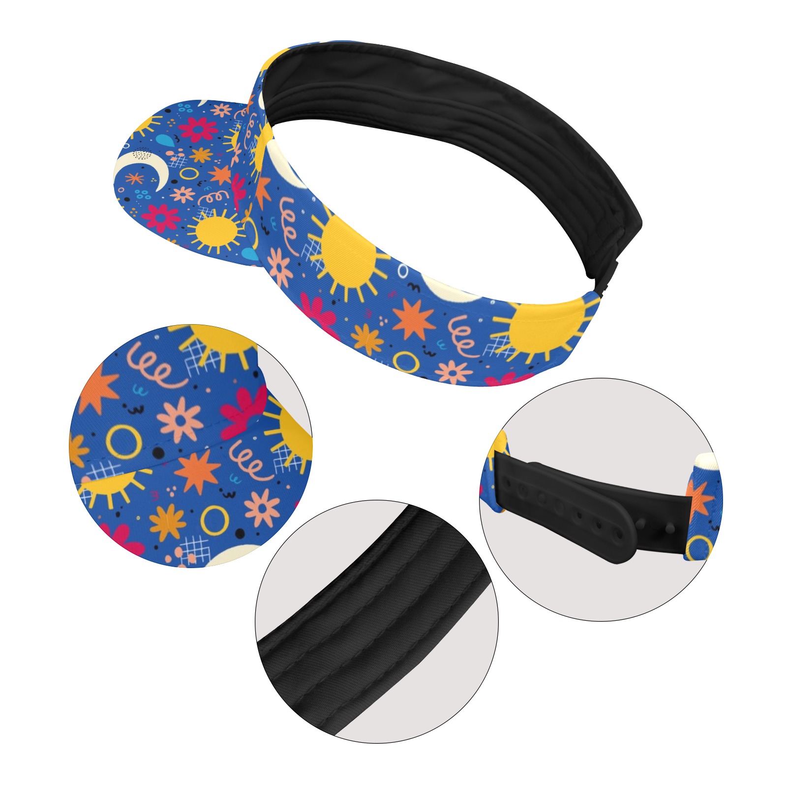 Polyester sports visor with sun pattern, adjustable strap, and curved brim for sun protection