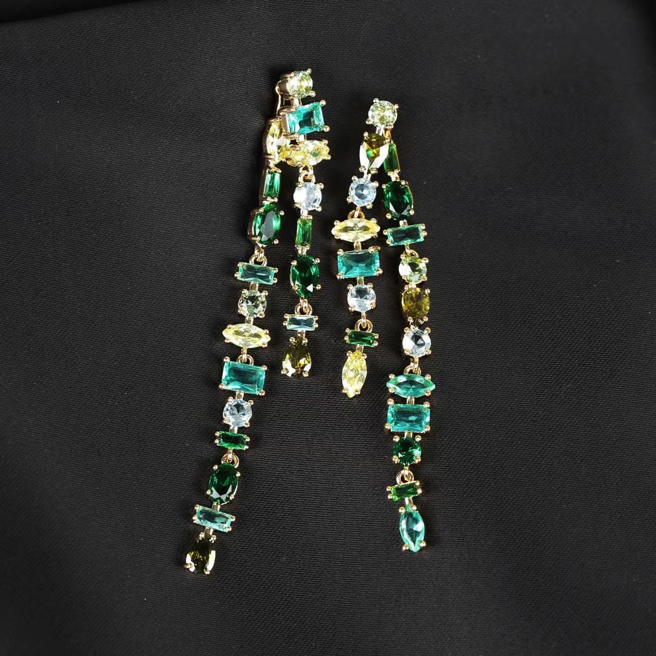 Light luxury colorful water drop double layer tassel zircon sweet reversible earrings for women