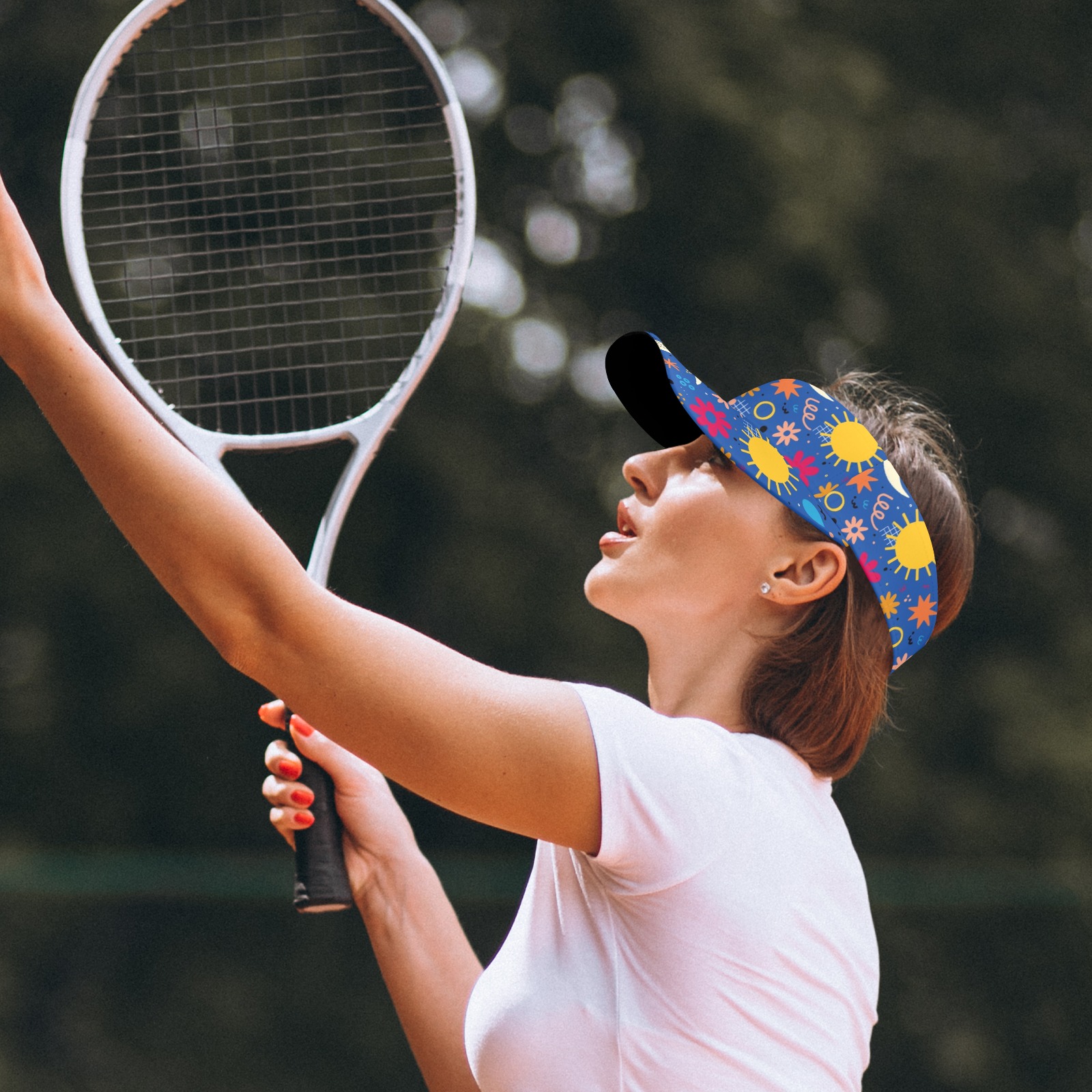 Woman wearing Sports Visor with sun and moon pattern during tennis, sun protection, adjustable strap.