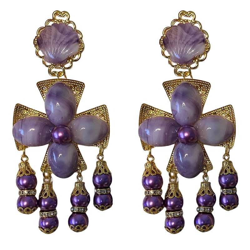 Tassel Purple Flower Retro Earrings Show Style Ear Clip Without Ear Holes