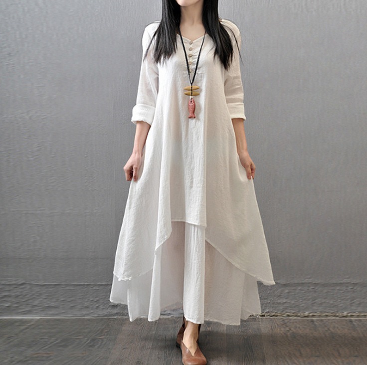 Womens Cotton Linen Maxi Dress Boho Cottagecore Flowy Long Sleeve