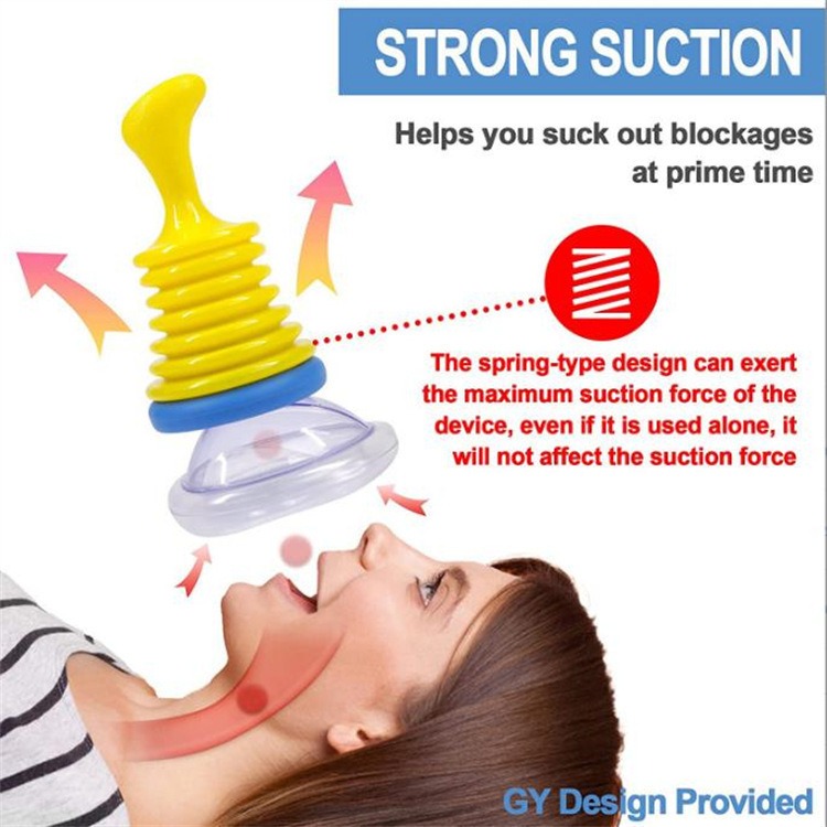 Product demonstration showing strong suction mechanism with spring-loaded yellow handle creating maximum suction force, applied to throat area showing blockage removal with directional force arrows