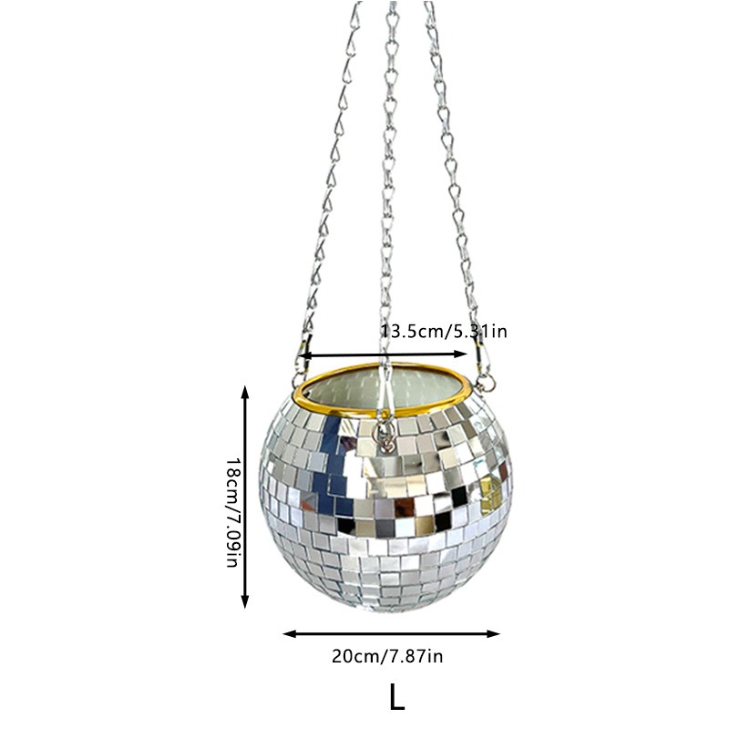 Silver disco ball planter size L with gold rim and three chains