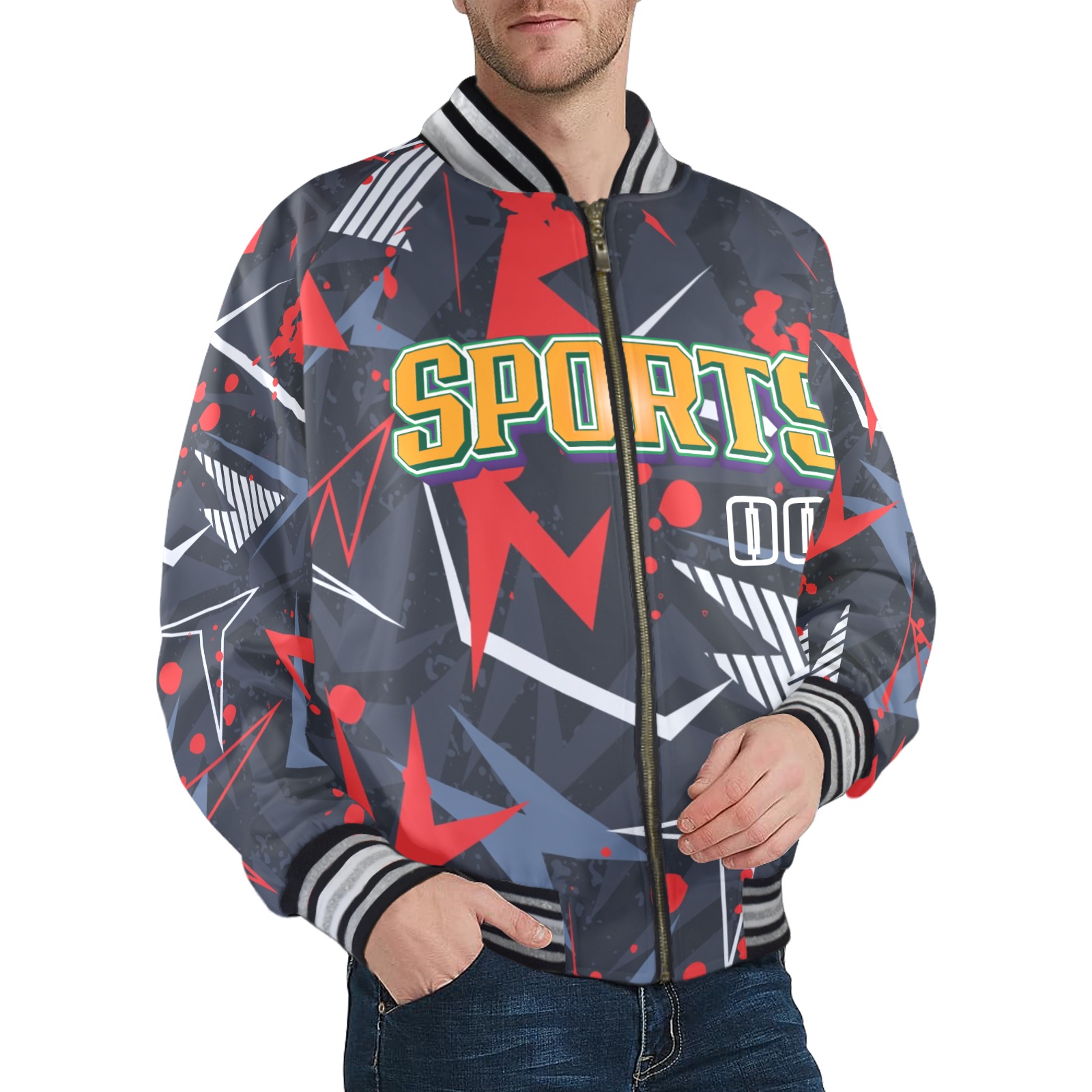 Men's Striped Trim Bomber Jacket with SPORTS print. Polyester-spandex blend, zipper closure, ribbed cuffs & hem.