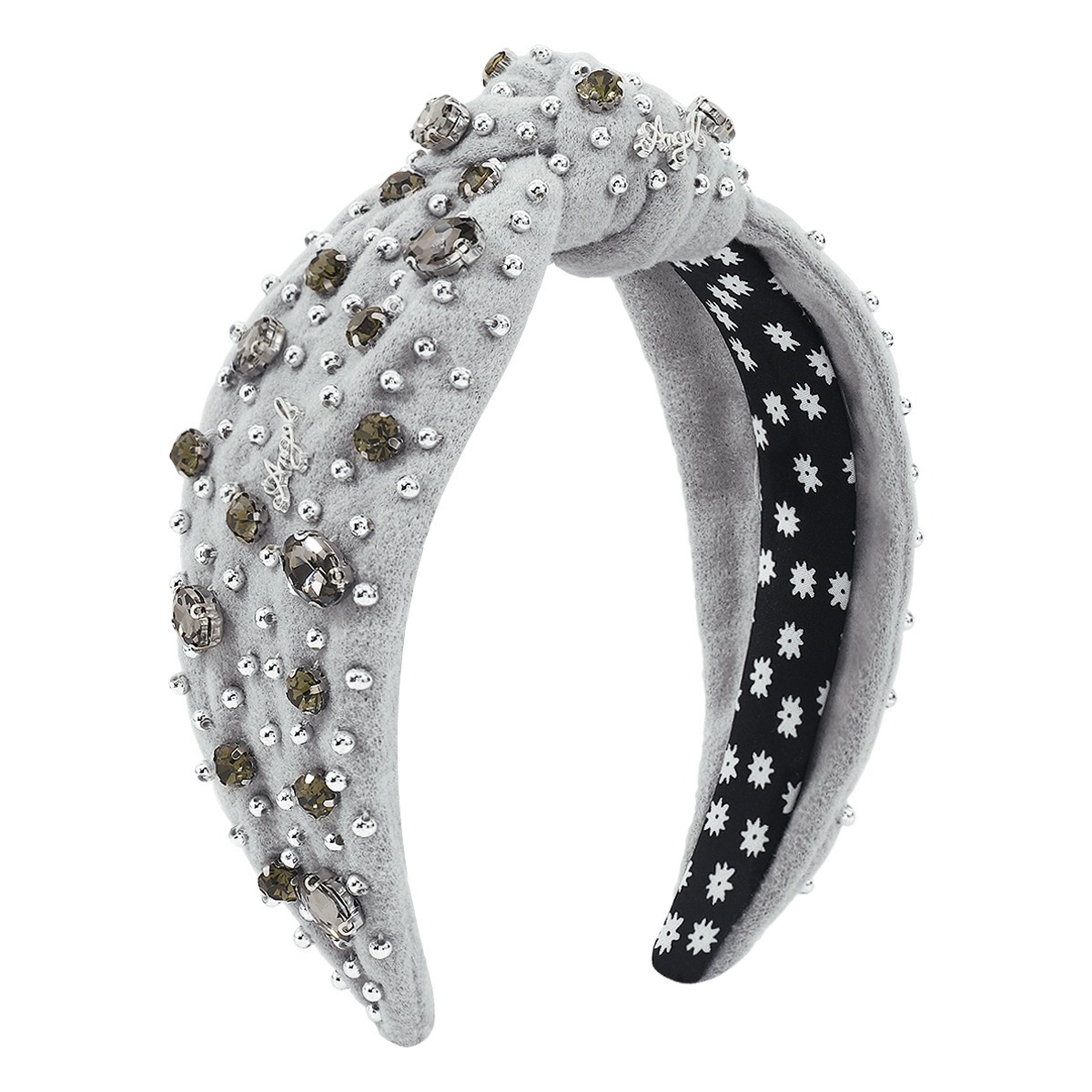 Pearl gray headband with raised knot and floral lining