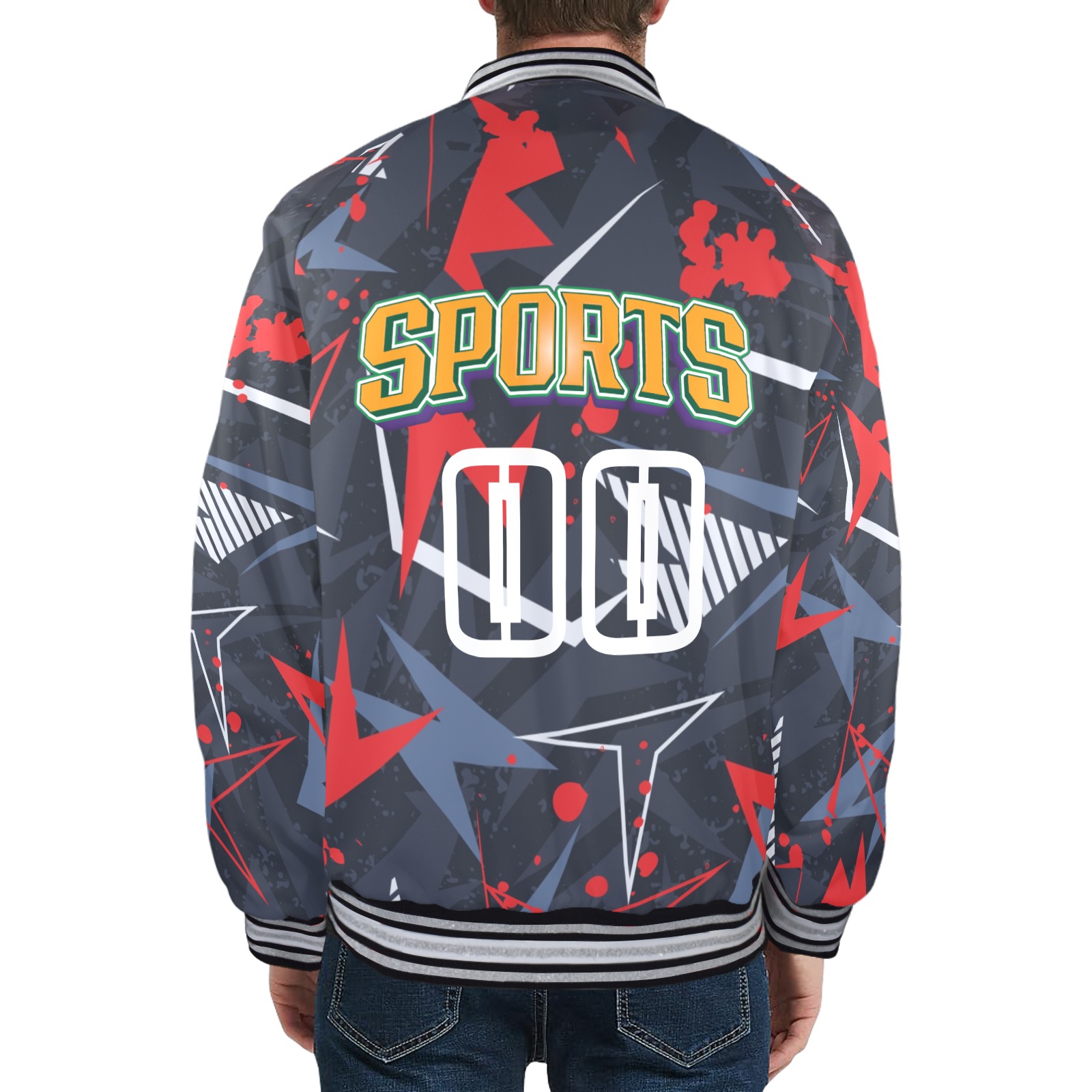 Men's "SPORTS" Print Bomber Jacket with zipper, cuffs, and hem, polyester-spandex blend.