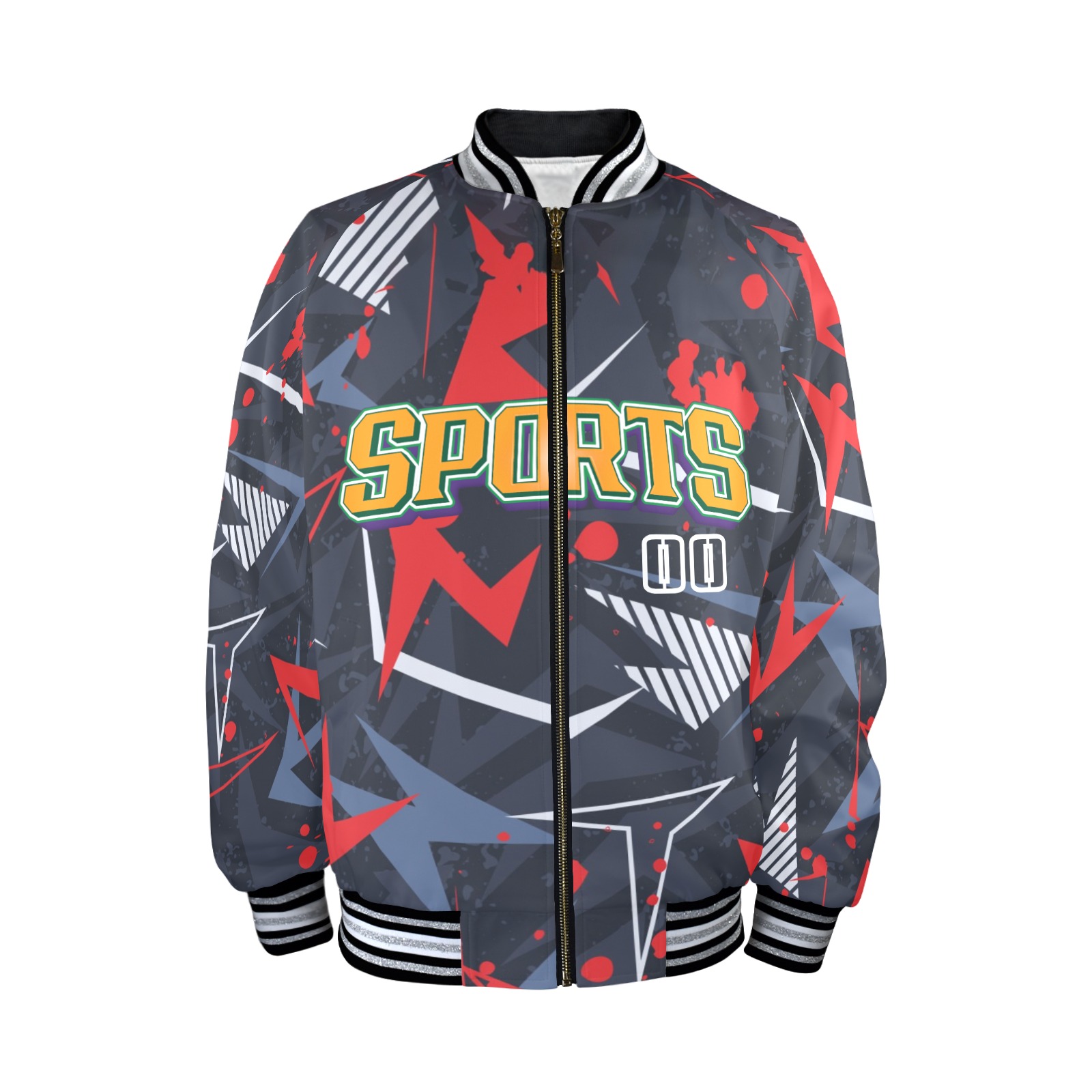 Men's Striped Trim Bomber Jacket with SPORTS print. Polyester-spandex blend, zipper closure, ribbed cuffs & hem.