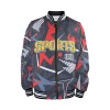 Men's Striped Trim Bomber Jacket with SPORTS print. Polyester-spandex blend, zipper closure, ribbed cuffs & hem.