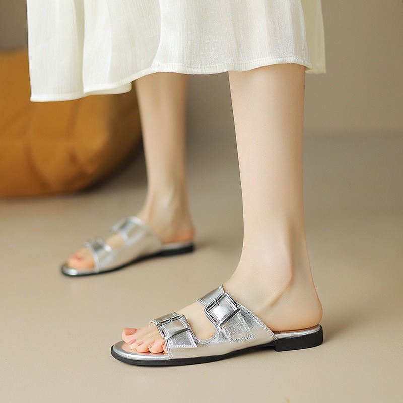Flat bottom belt buckle round toe cowhide open toe sandals for women image 8