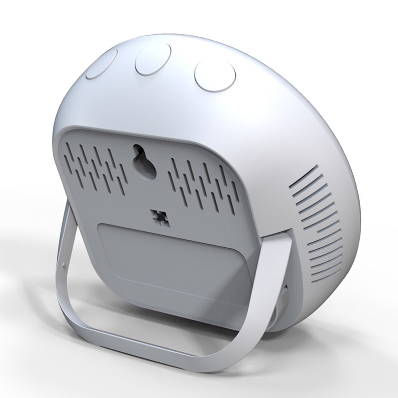 Back three-quarter view of white monitor showing side vent and top buttons
