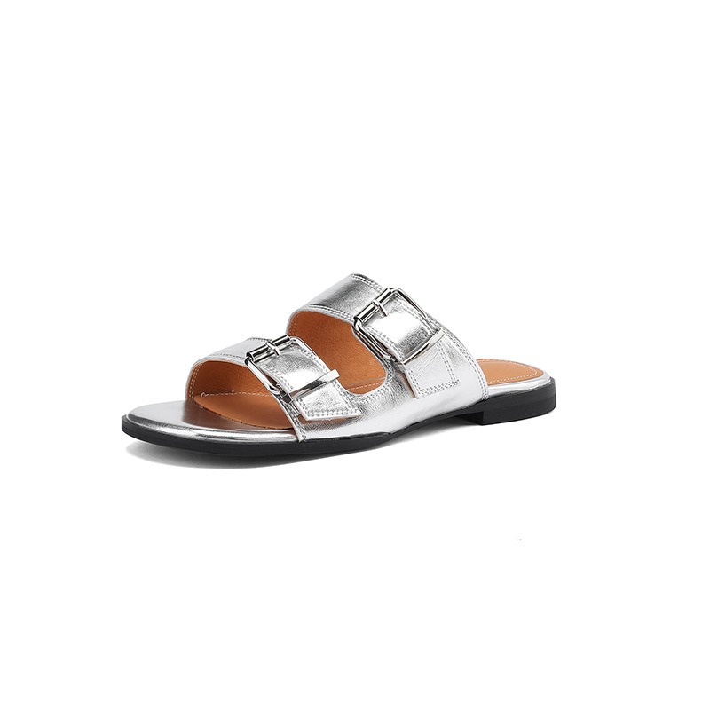 Flat bottom belt buckle round toe cowhide open toe sandals for women image 4